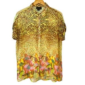 I JEANS by BUFFALO Sheer Button Up Abstract Floral Short Sleeve Blouse